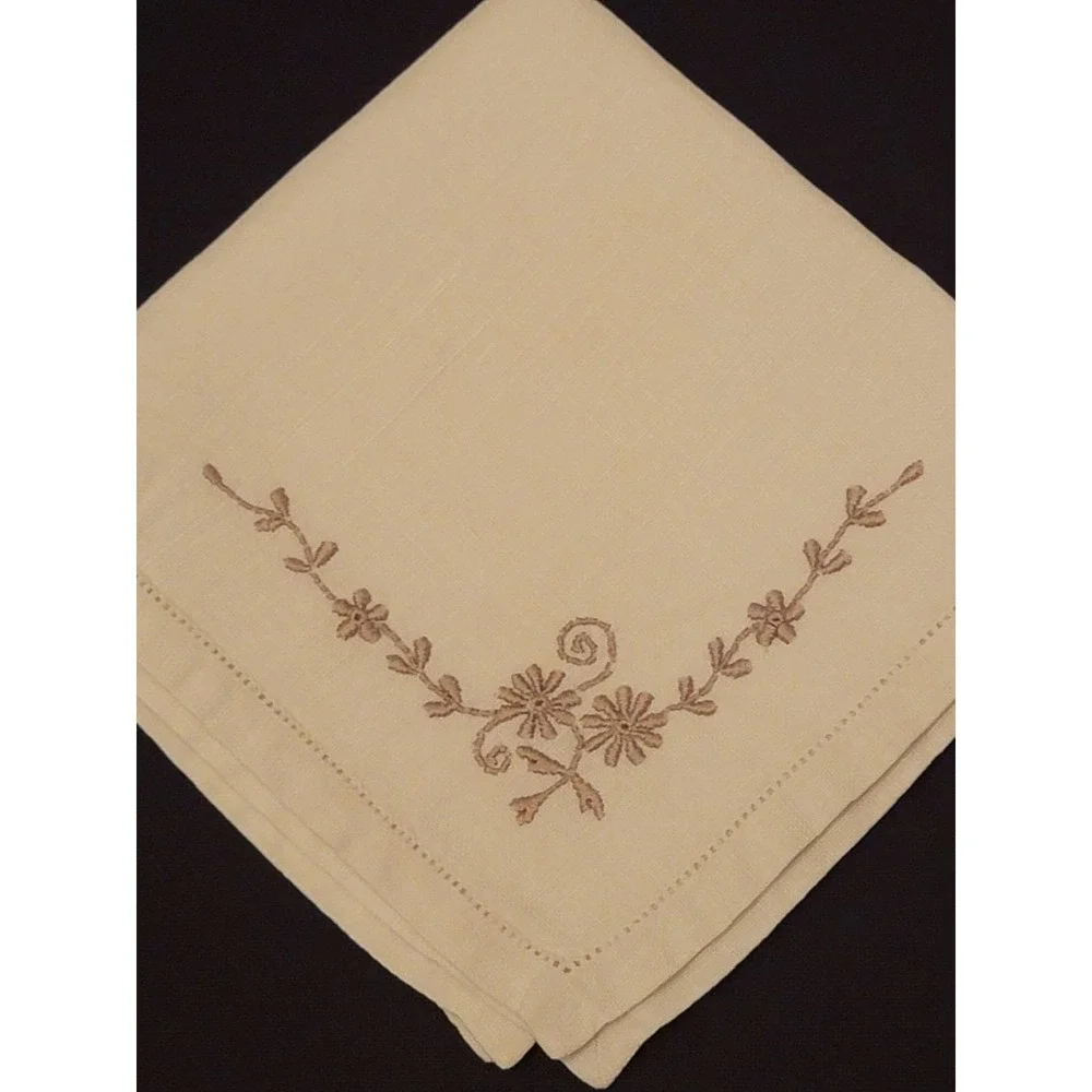 Vintage Set of Linen Napkins with Floral Embroidery and Hemstitching
